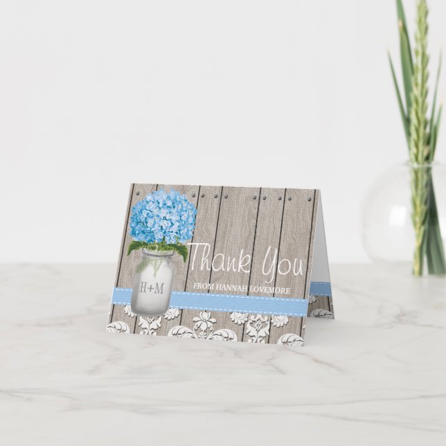BLUE Hydrangea Mit Monogramm Mason Jar DANK Dankeskarte (Vorderseite)