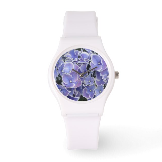Blue Hydrangea mit weißer Grenz-Sportuhr Armbanduhr (Vorderseite)
