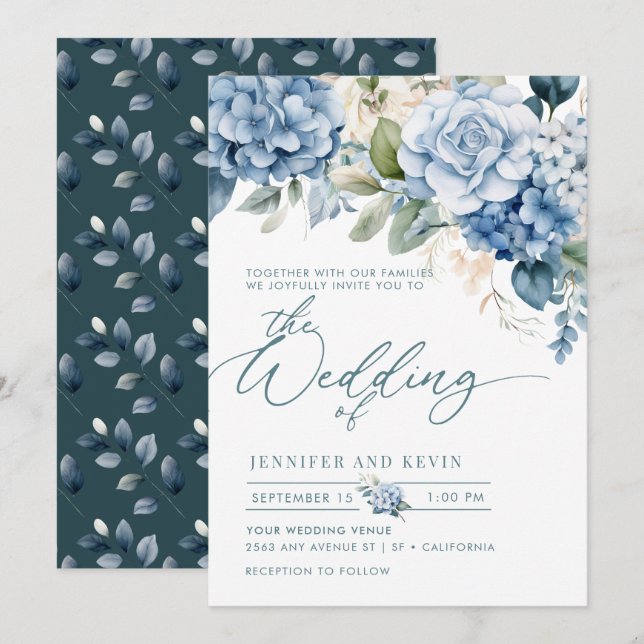 Blue Hydrangea Modernes Drehbuch Blumenhochzeit Einladung (Vorne/Hinten)