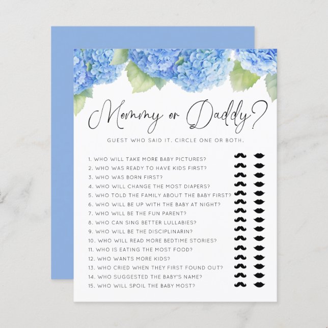 Blue Hydrangea Mommy oder Daddy Baby Shower Games (Vorne/Hinten)