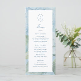 Blue Hydrangea Monogram Crest Wedding Flat Menu Menükarte