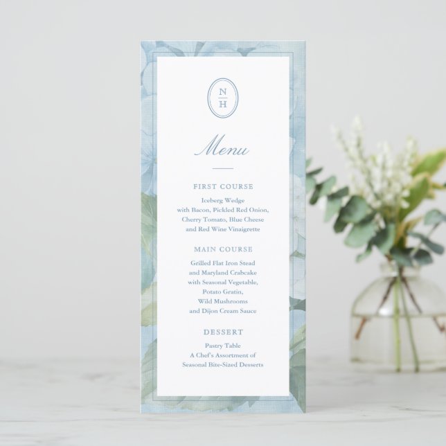 Blue Hydrangea Monogram Crest Wedding Flat Menu Menükarte (Stehend Vorderseite)
