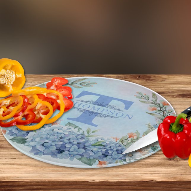 Blue Hydrangea Monogram Round Cutting Board Schneidebrett (Von Creator hochgeladen)