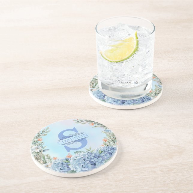 Blue Hydrangea Monogram Round Untersetzer (Seite)