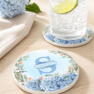 Blue Hydrangea Monogram Round Untersetzer