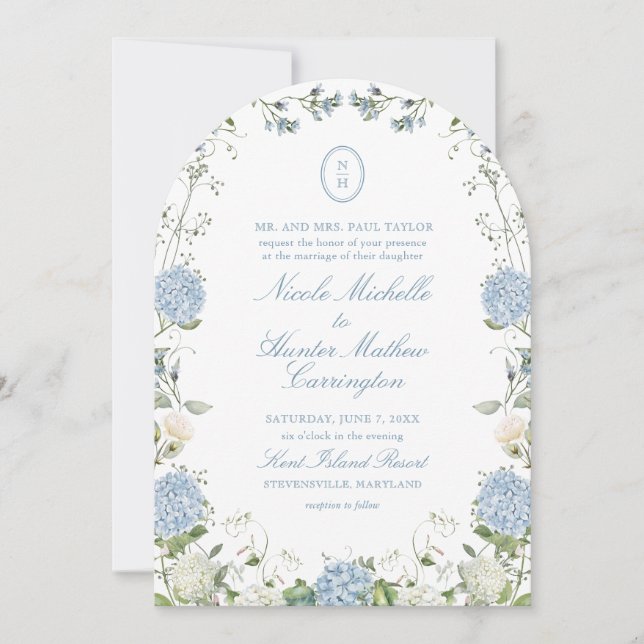 Blue Hydrangea Monogram Wedding Arch Invitation (Devant)