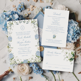 Blue Hydrangea Monogram Wedding Crest Invitation
