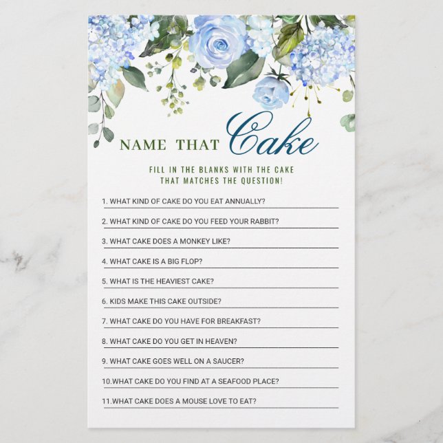 Blue Hydrangea Name that Cake Brautparty Game (Vorderseite)