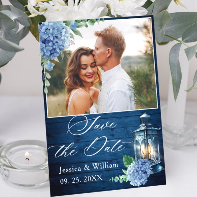 Blue Hydrangea Navy Wood Lantern Foto Hochzeit Save The Date (Von Creator hochgeladen)
