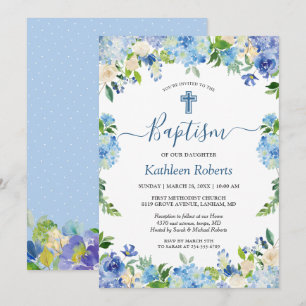 Blue Hydrangea Pastel Floral Taufe Christening Einladung