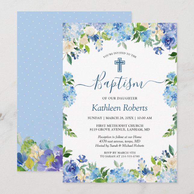 Blue Hydrangea Pastel Floral Taufe Christening Einladung (Vorne/Hinten)