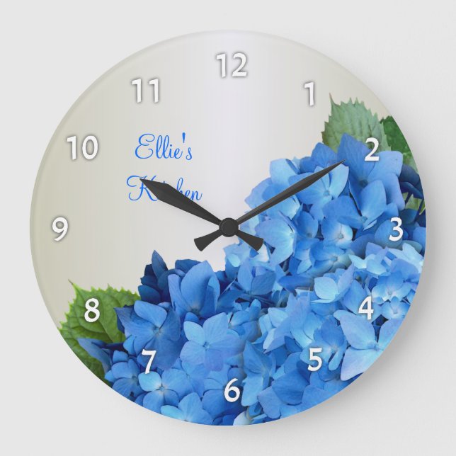 Blue Hydrangea Personalized Numbered Wall Clock Große Wanduhr (Vorderseite)