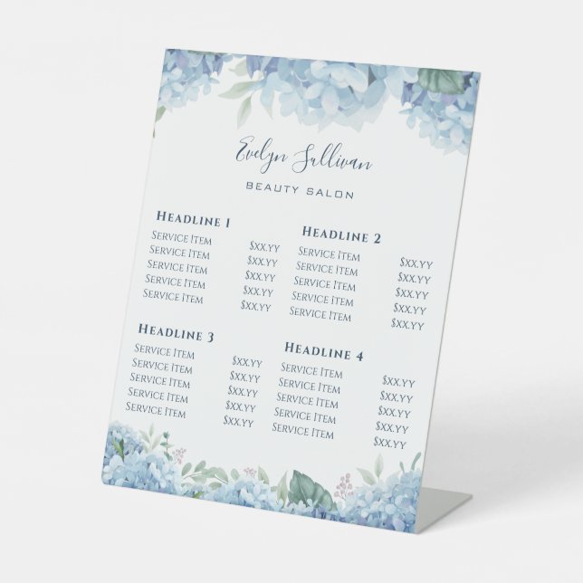Blue Hydrangea Preisliste Pedestal Zeichen Sockelschild (Vorderseite)