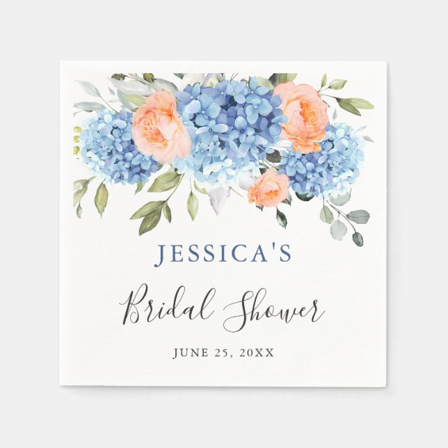 Blue Hydrangea Rosa Rose Brautparty Serviette (Vorderseite)