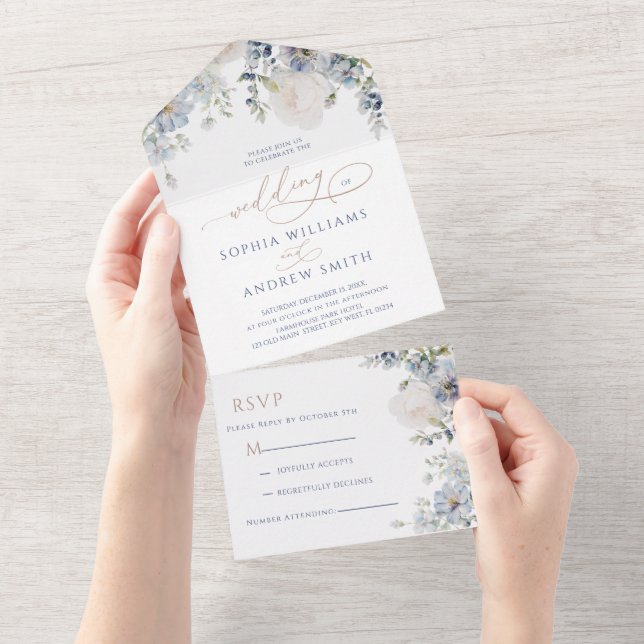 Blue Hydrangea & Rose Wedding All In One Einladung (Abreißen)