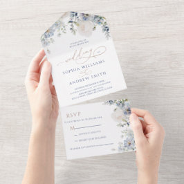 Blue Hydrangea & Rose Wedding All In One Einladung