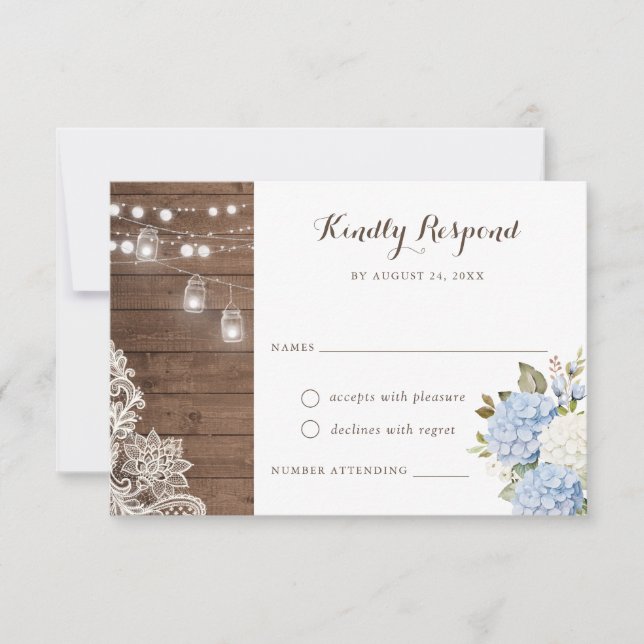 Blue Hydrangea Rustic Wood String Lights UAWG Einladung (Vorderseite)