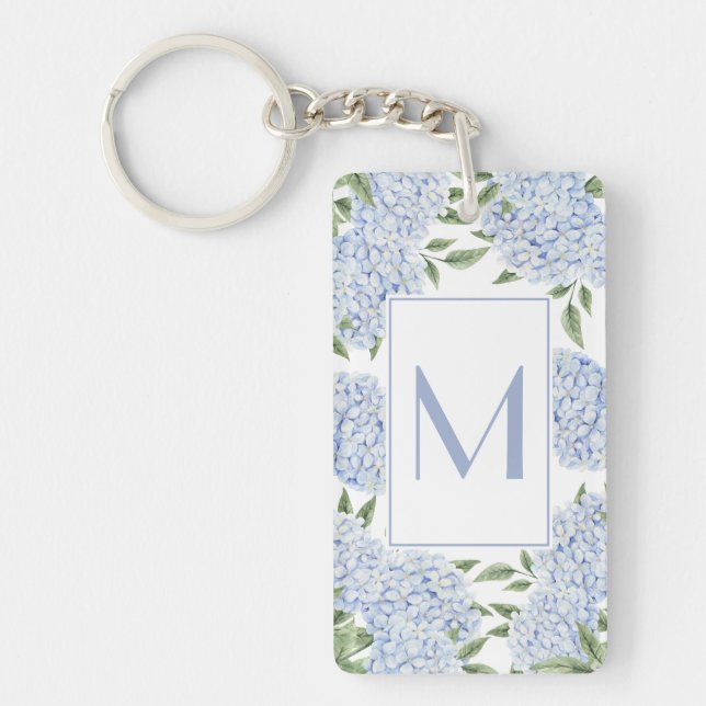 Blue Hydrangea Single Initial Monogram Custom Schlüsselanhänger (Vorderseite)