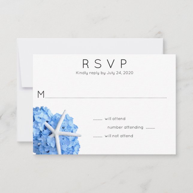 Blue Hydrangea Starfish Wedding Carte RSVP (Devant)