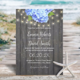 Blue Hydrangea & String Lights Barn Wood Wedding Einladung