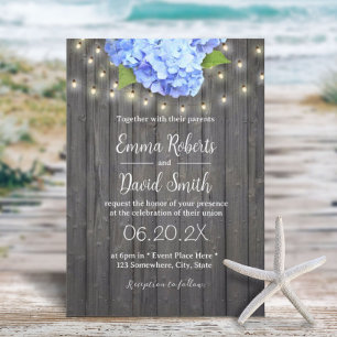 Blue Hydrangea & String Lights Barn Wood Wedding Einladung