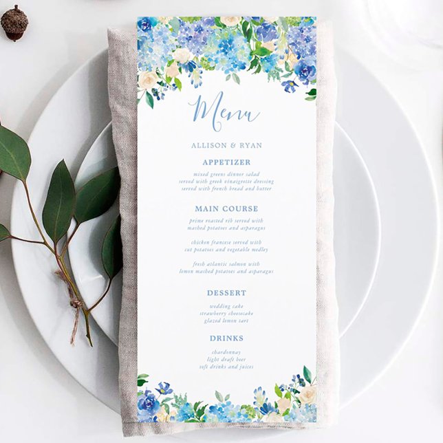 Blue Hydrangea Summer Floral Wedding Menus Menükarte (Von Creator hochgeladen)