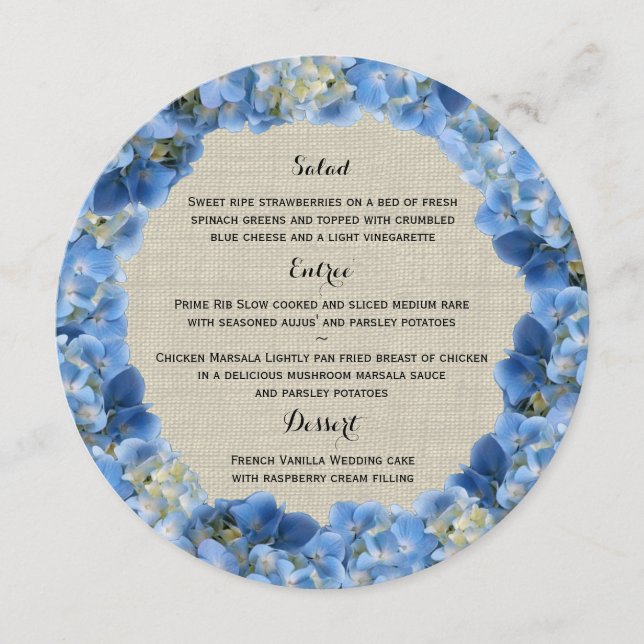 Blue Hydrangea und Burlap Round Menu Menükarte (Vorderseite)
