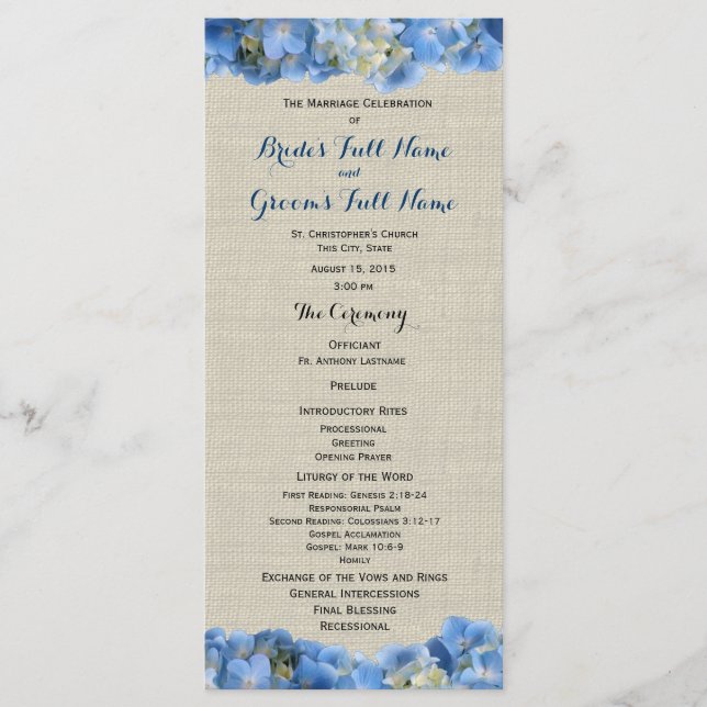 Blue Hydrangea und Burlap Wedding Programm (Vorderseite)