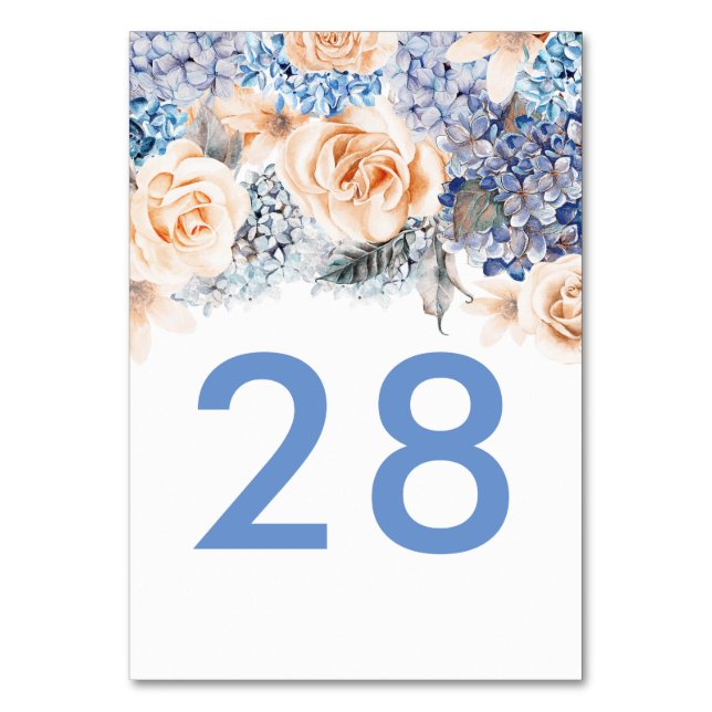 Blue Hydrangea und Peach Rose Hochzeit Tischnummer (Rückseite)