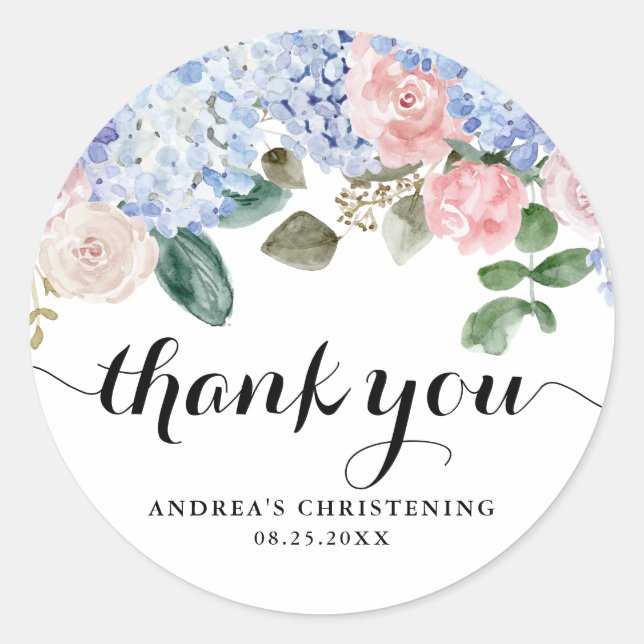 Blue Hydrangea und Pink Rose Christening Vielen Da Runder Aufkleber (Vorderseite)