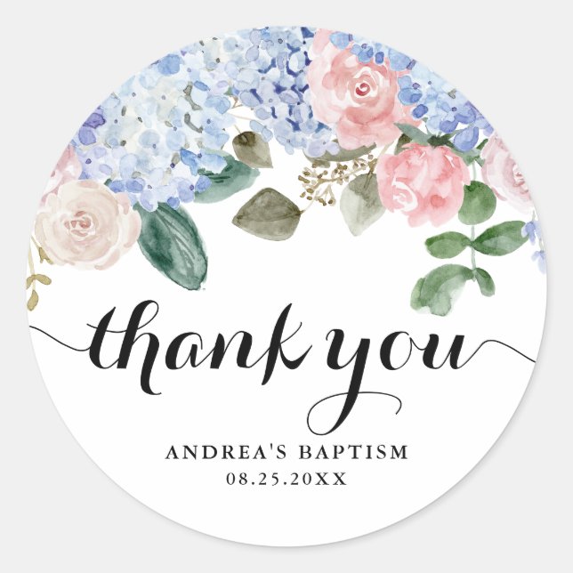 Blue Hydrangea und Pink Rose Taufe Vielen Dank Runder Aufkleber (Vorderseite)
