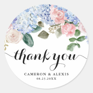 Blue Hydrangea und Pink Rose Wedding Vielen Dank Runder Aufkleber