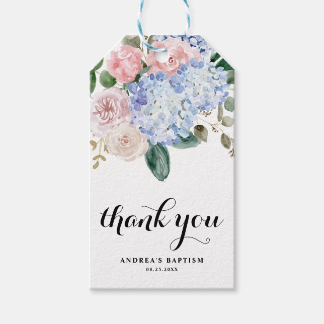 Blue Hydrangea und Pink Roses Taufe Vielen Dank Geschenkanhänger (Vorderseite)