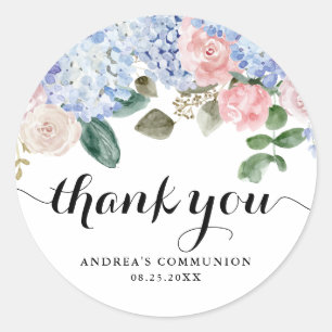 Blue Hydrangea und Rosa Kommunion Danke Runder Aufkleber
