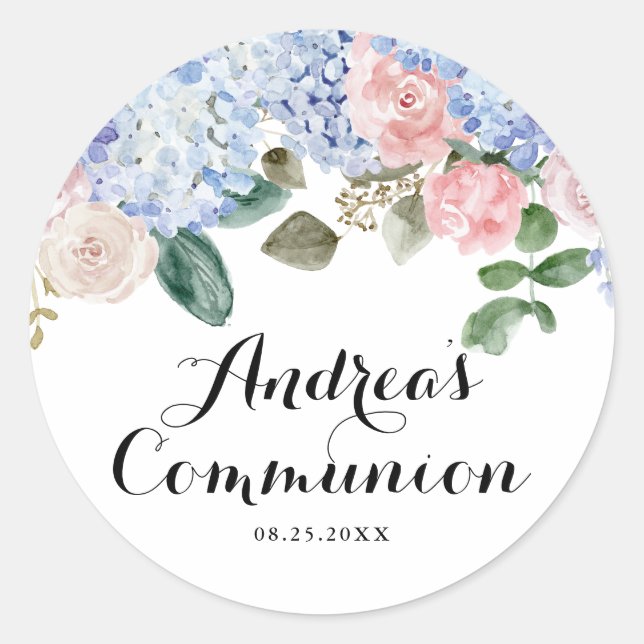 Blue Hydrangea und Rosa Rose Erste heilige Kommune Runder Aufkleber (Vorderseite)