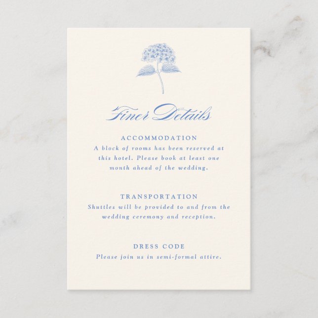 Blue Hydrangea Vintage Wedding Details Begleitkarte (Vorderseite)