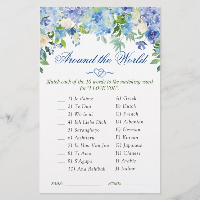 Blue Hydrangea Wassercolor Brautparty Game (Vorderseite)