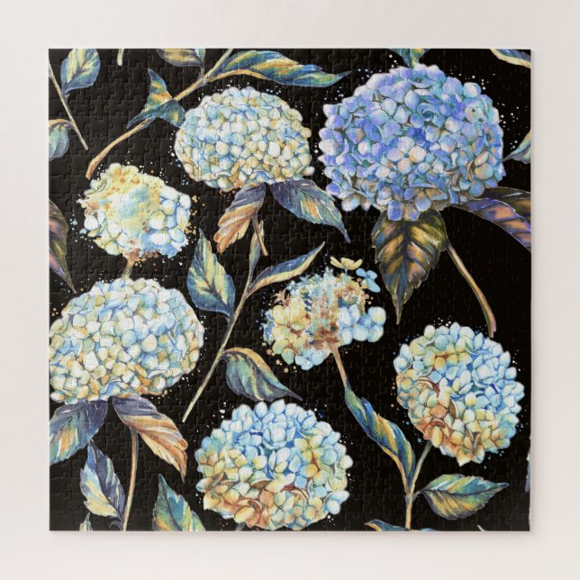 Blue Hydrangea Wasserfarbe: Dunkles, nahtloses Mus (Vertikal)