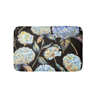 Blue Hydrangea Wasserfarbe: Dunkles, nahtloses Mus Badematte