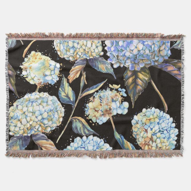 Blue Hydrangea Wasserfarbe: Dunkles, nahtloses Mus Decke (Vorderseite)