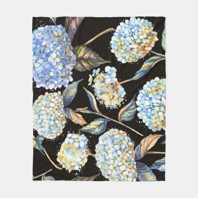 Blue Hydrangea Wasserfarbe: Dunkles, nahtloses Mus Fleecedecke (Vorderseite)