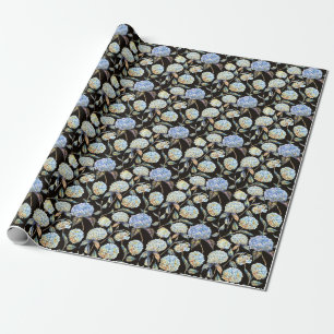 Blue Hydrangea Wasserfarbe: Dunkles, nahtloses Mus Geschenkpapier