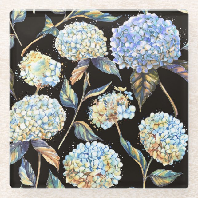 Blue Hydrangea Wasserfarbe: Dunkles, nahtloses Mus Glasuntersetzer (Vorderseite)