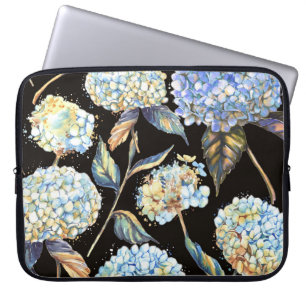 Blue Hydrangea Wasserfarbe: Dunkles, nahtloses Mus Laptopschutzhülle