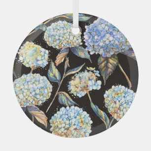 Blue Hydrangea Wasserfarbe: Dunkles, nahtloses Mus Ornament Aus Glas