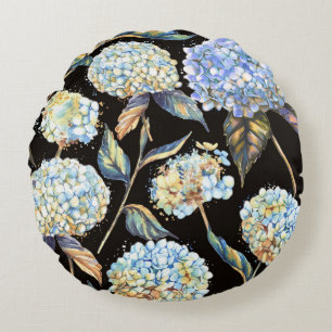 Blue Hydrangea Wasserfarbe: Dunkles, nahtloses Mus Rundes Kissen