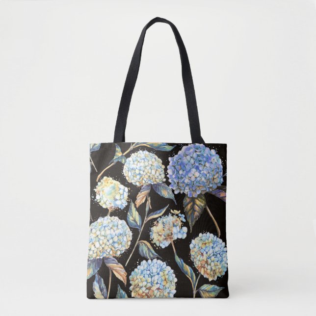 Blue Hydrangea Wasserfarbe: Dunkles, nahtloses Mus Tasche (Vorderseite)