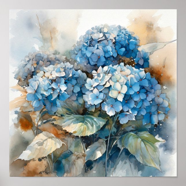 Blue Hydrangea Wasserfarbe Kunst drucken Poster (Vorne)