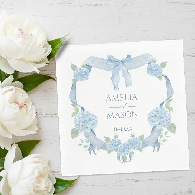 Blue Hydrangea Watercolor Crest Paper Wedding Serviette (Blue Hydrangea Watercolor Crest Paper Wedding Napkins)