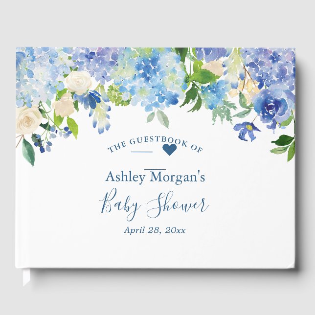 Blue Hydrangea Watercolor Floral Baby Dusche Gästebuch (Vorderseite)